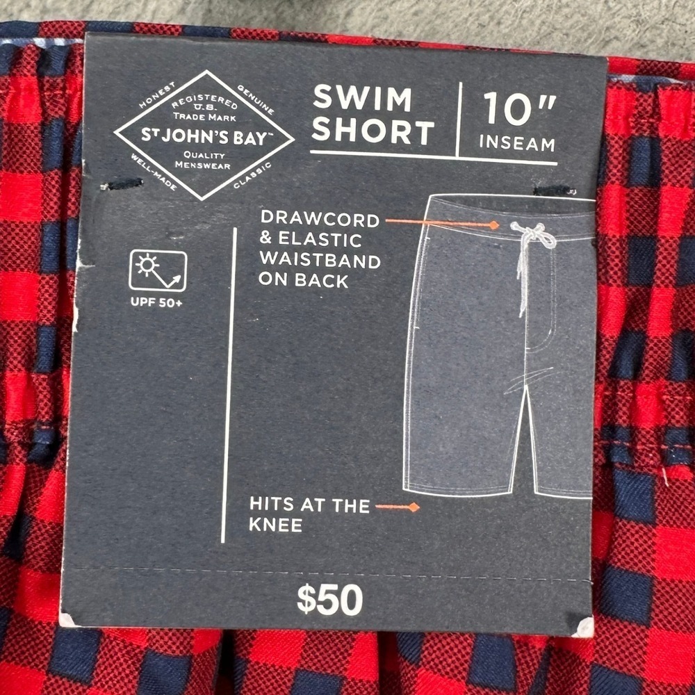 St. Johns Bay Mens Swim Trunks 2XL Red‎ Blue Check Drawstring Board Shorts NEW